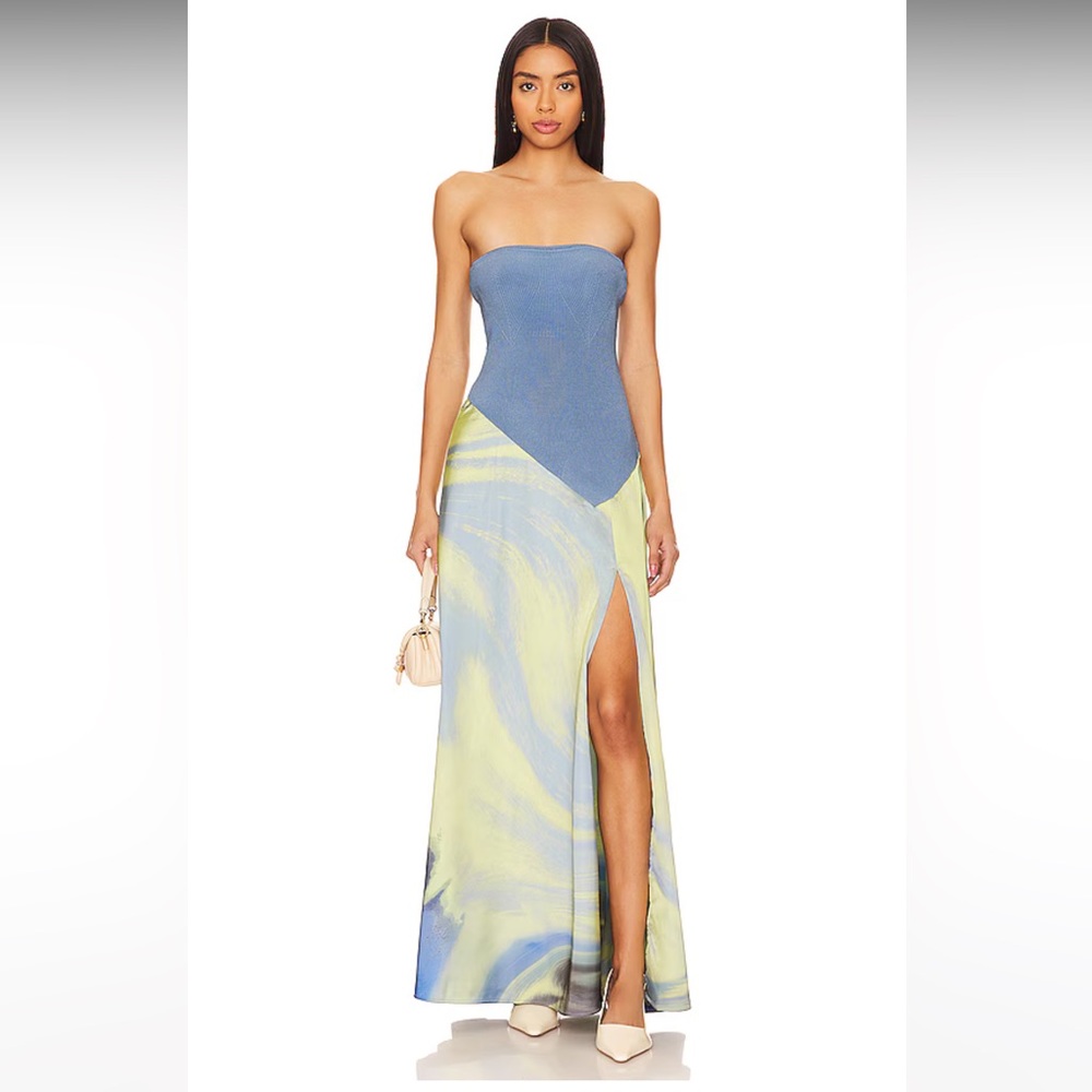 Jonathan Simkhai Strapless Blue and Yellow Marble Maxi Dress